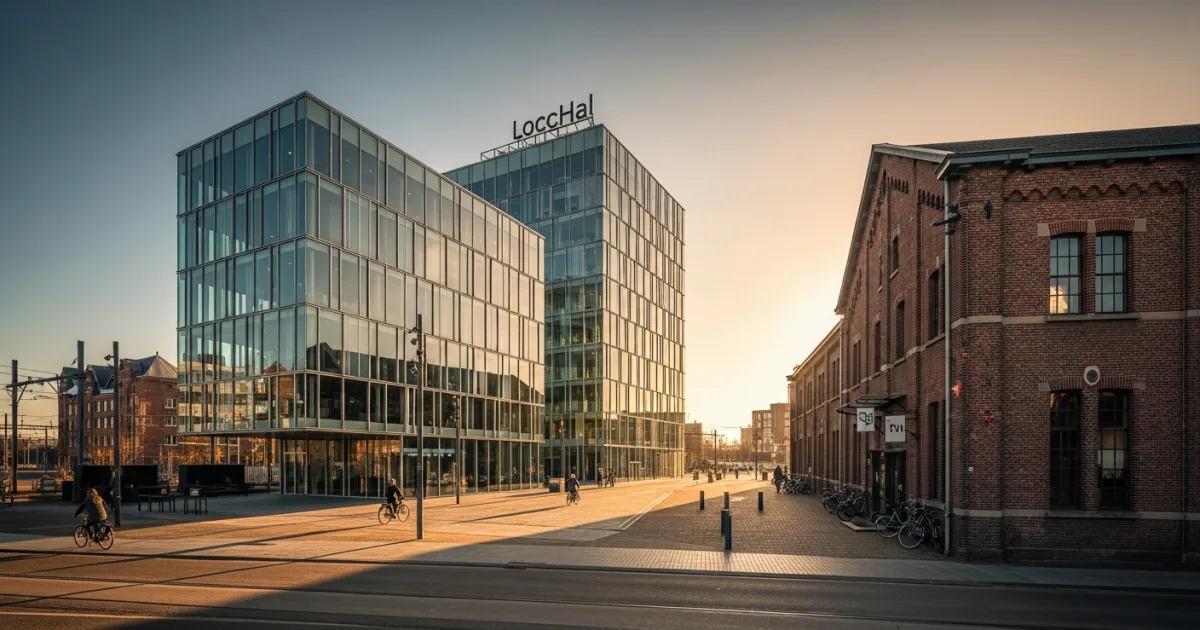 The modern LocHal library and historic industrial buildings in the Spoorzone district of Tilburg
