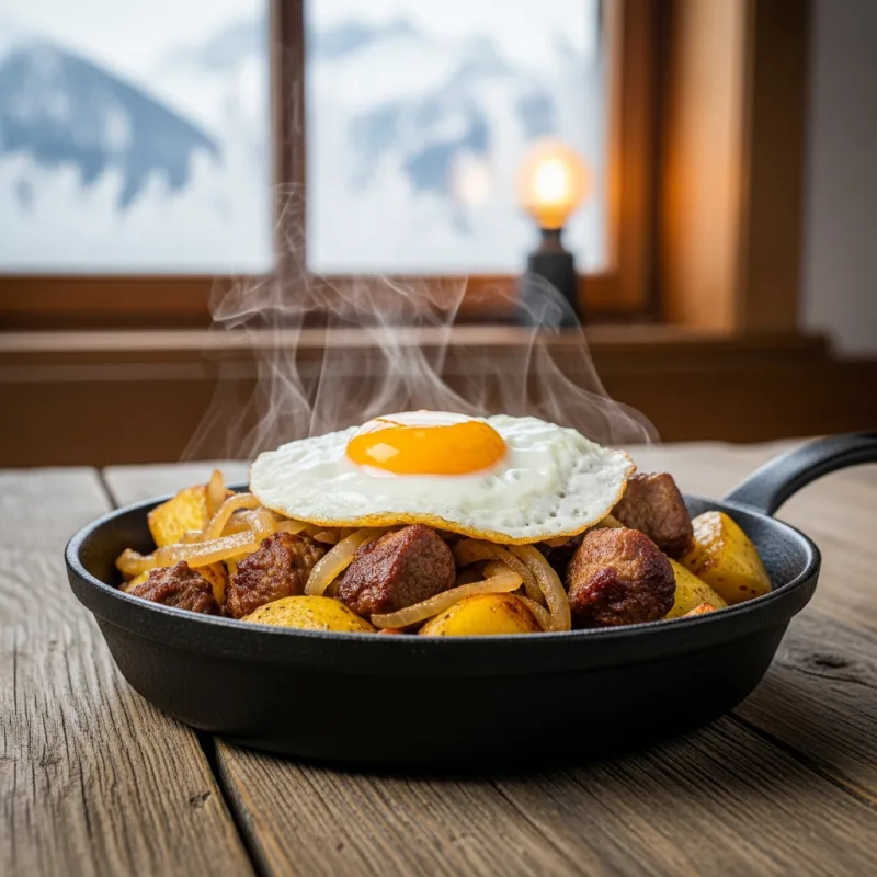 A cast-iron skillet containing Tiroler Gröstl topped with a fried egg