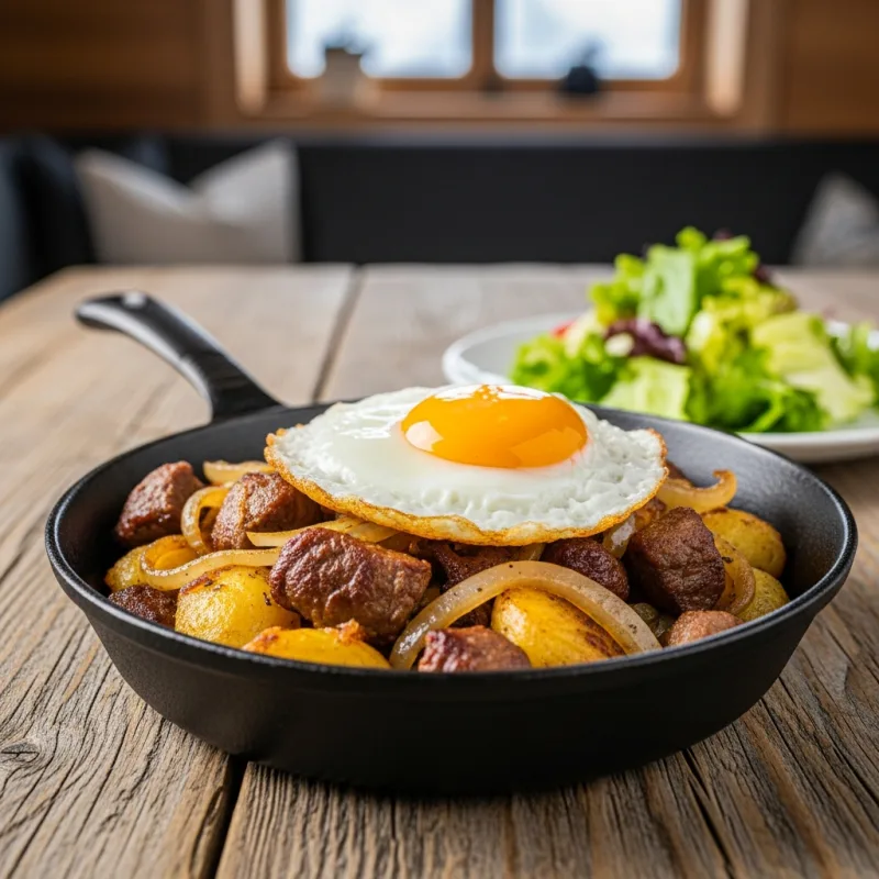 A cast-iron skillet of Tiroler Gröstl topped with a fried egg
