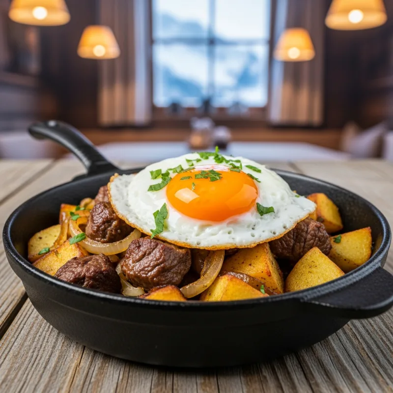 Tiroler Gröstl in a cast-iron skillet topped with a fried egg