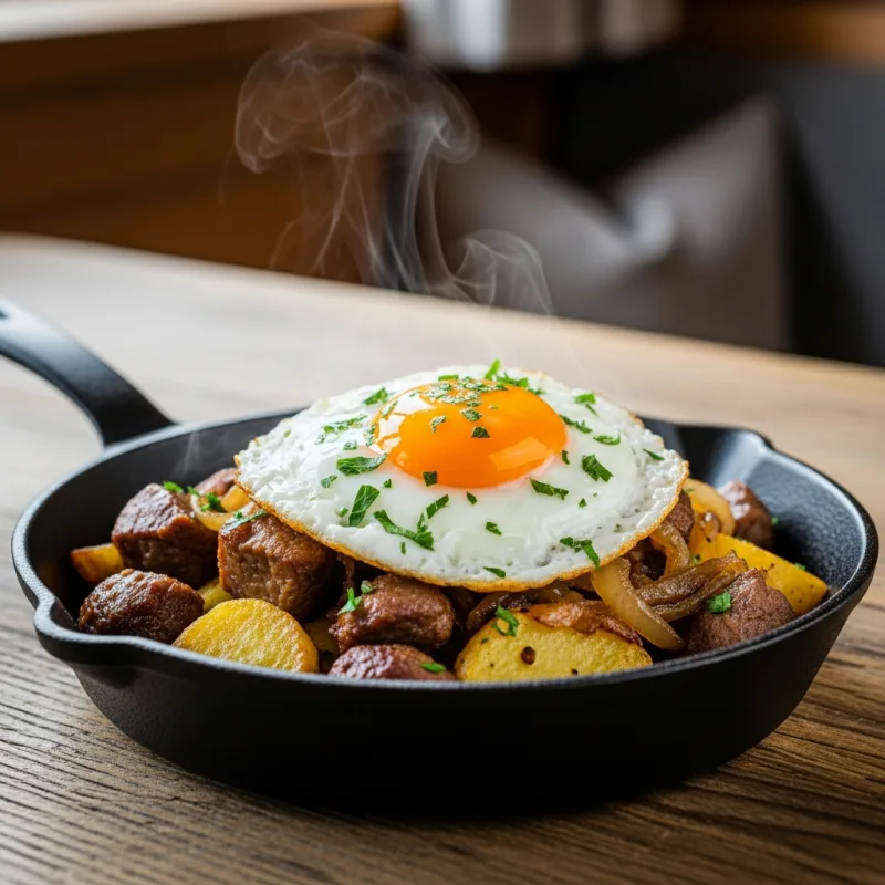Tiroler Gröstl served in a cast-iron skillet with a fried egg