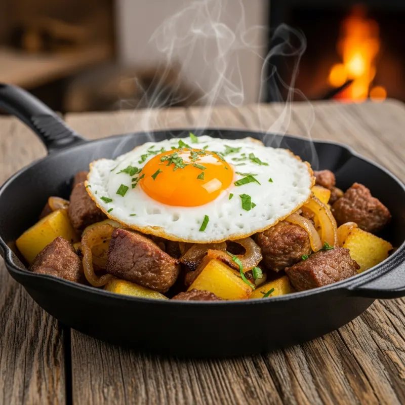 Tiroler Gröstl served in a cast-iron skillet with a fried egg