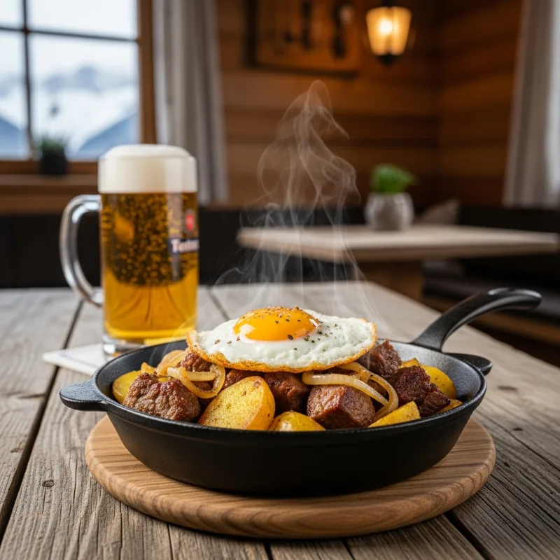 A cast-iron skillet of Tiroler Gröstl topped with a fried egg on a wooden table