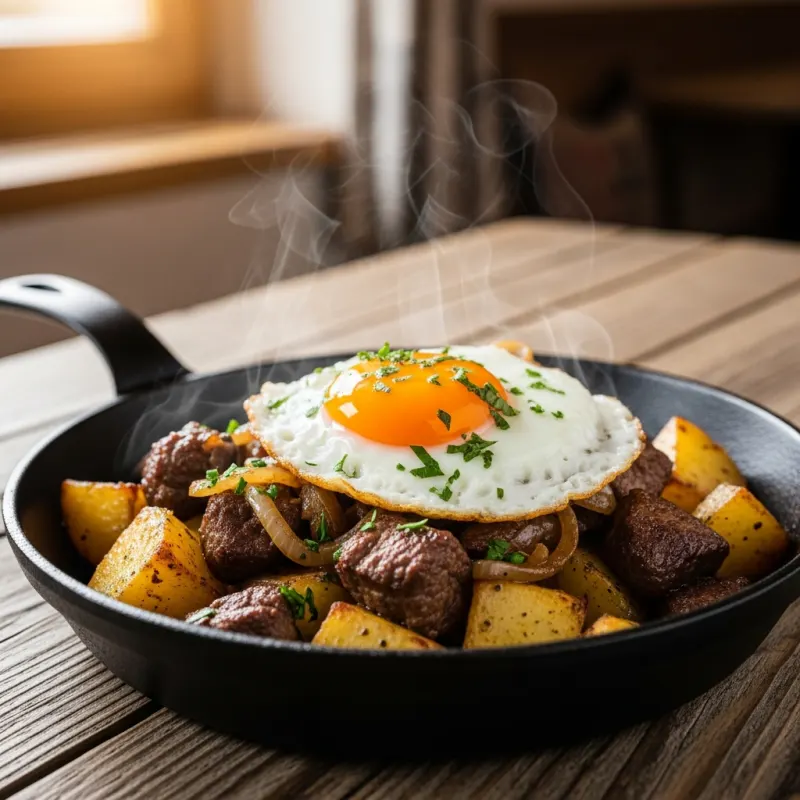 A cast-iron skillet filled with Tiroler Gröstl, topped with a fried egg
