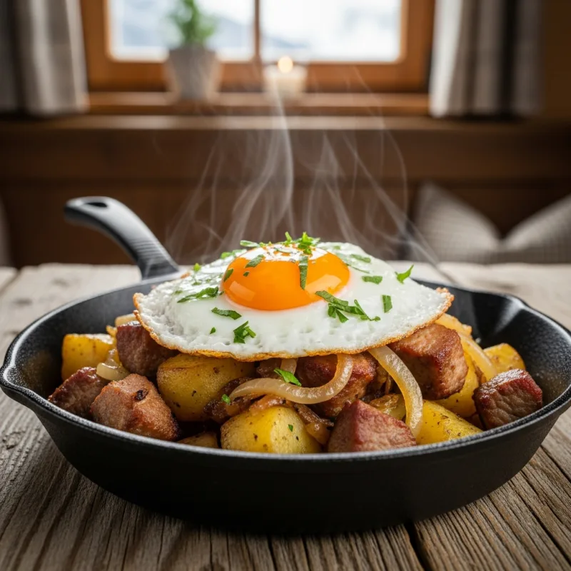 Tiroler Gröstl served in a cast-iron skillet with a fried egg on top