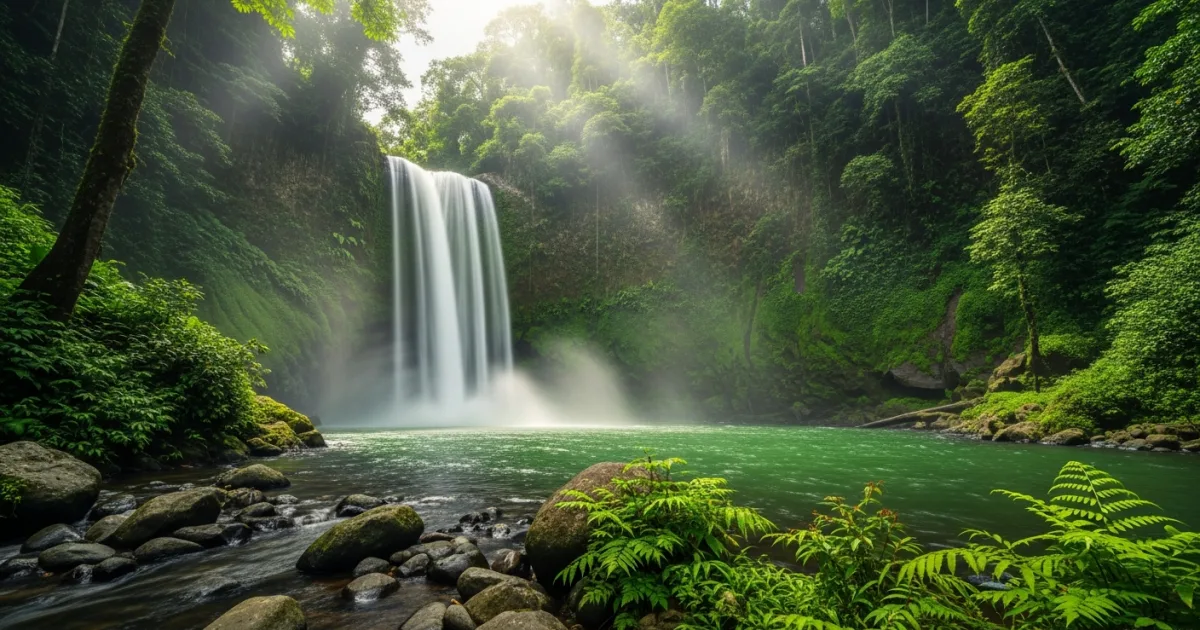Tiu Kelep Waterfall cascading through the lush jungle of Lombok, Indonesia