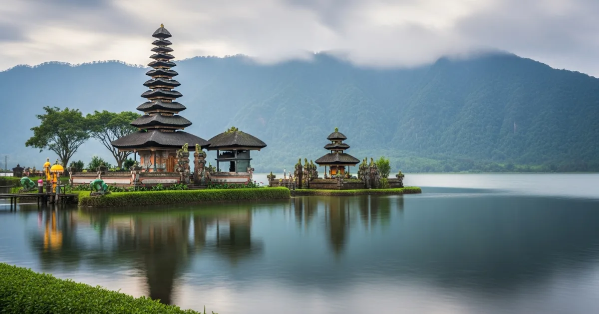 Ulun Danu Beratan Temple floating on Lake Beratan at sunrise