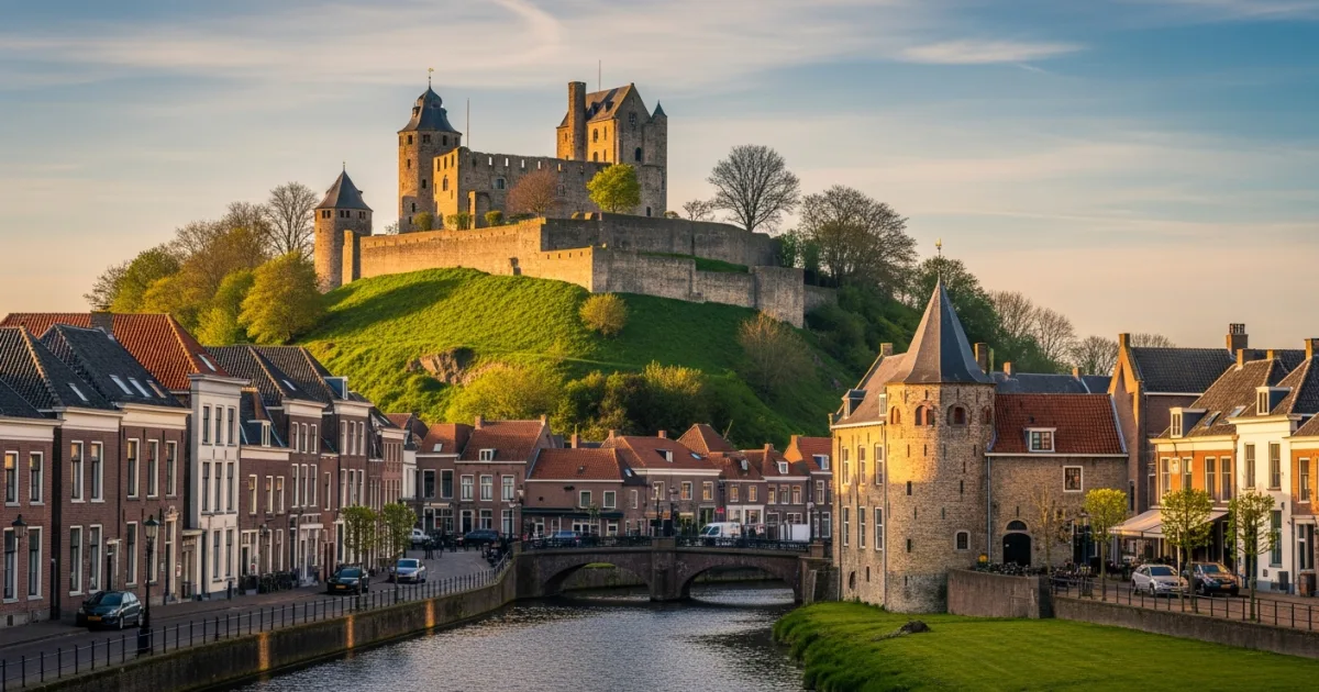 Panoramic view of Valkenburg town center and the hilltop castle ruins at sunset