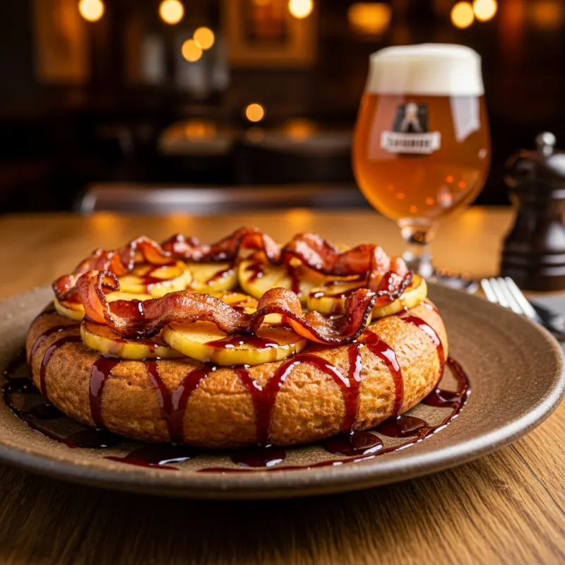 A traditional Veluwse Pannenkoek topped with bacon, apples, and syrup