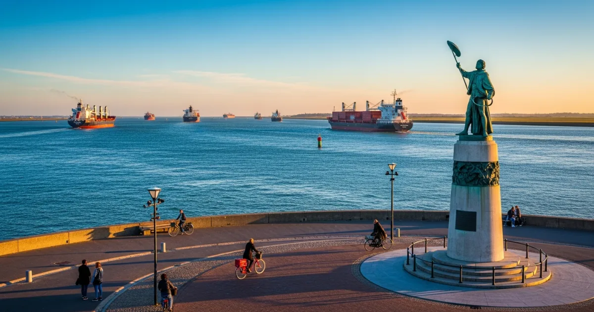 Vlissingen Boulevard de Ruyter with the Michiel de Ruyter statue and passing cargo ships at sunset