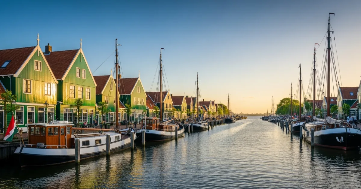 Volendam harbor with traditional Dutch houses and fishing boats