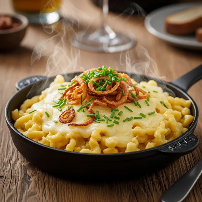 A cast-iron pan filled with traditional Austrian Käsespätzle topped with fried onions
