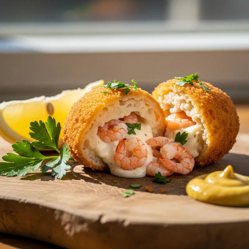 A sliced Dutch shrimp croquette revealing creamy filling and Wadden Sea shrimp on a wooden board