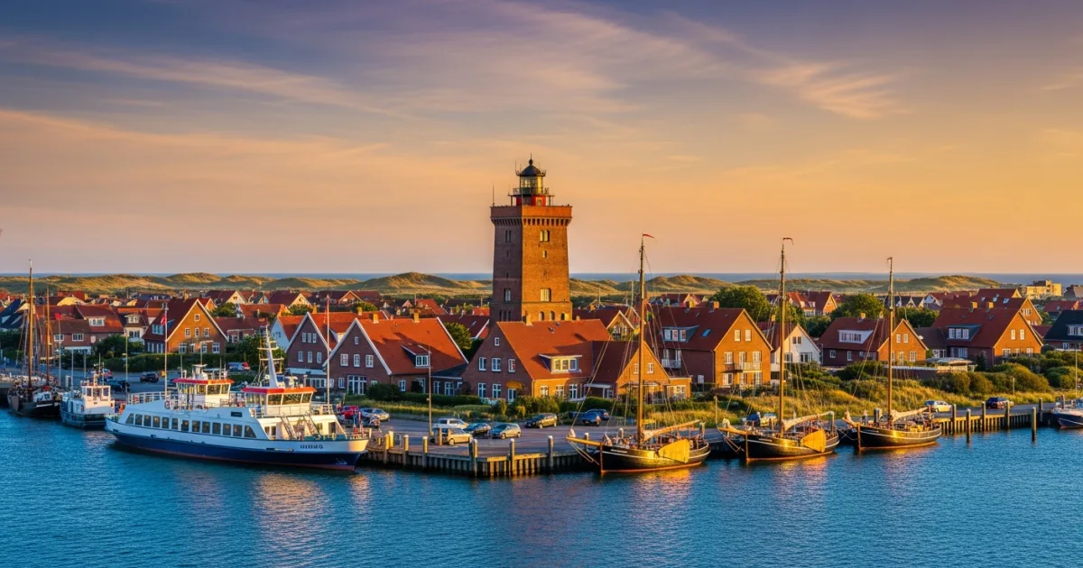 West-Terschelling harbor and the historic Brandaris lighthouse at sunset