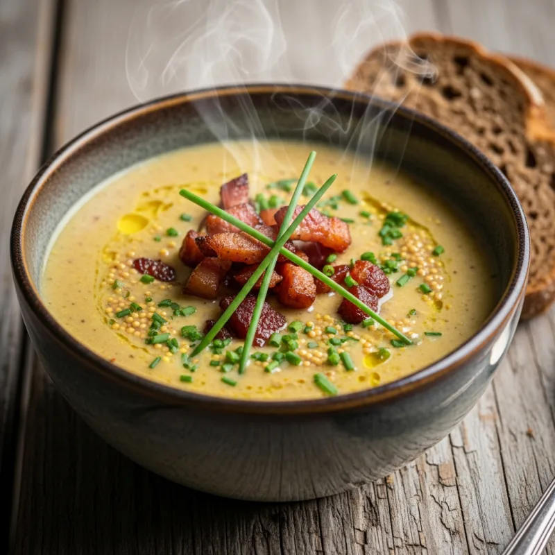 A bowl of traditional Zaanse mustard soup with bacon and chives