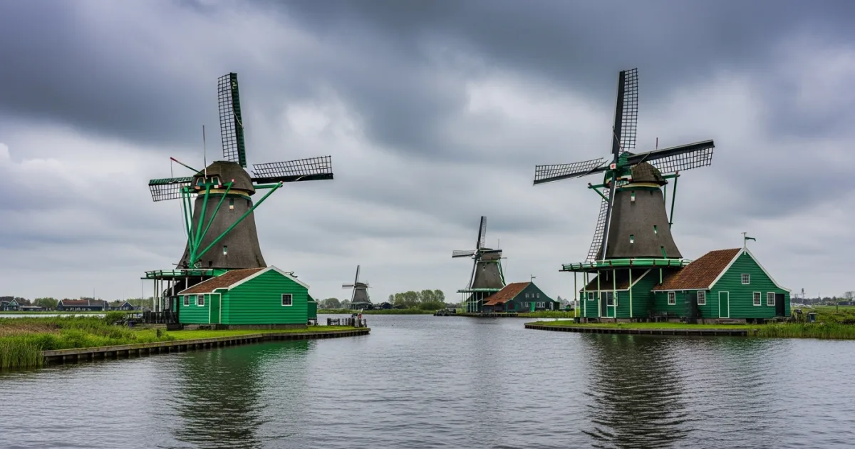 Historic windmills and green wooden houses along the Zaan river at Zaanse Schans