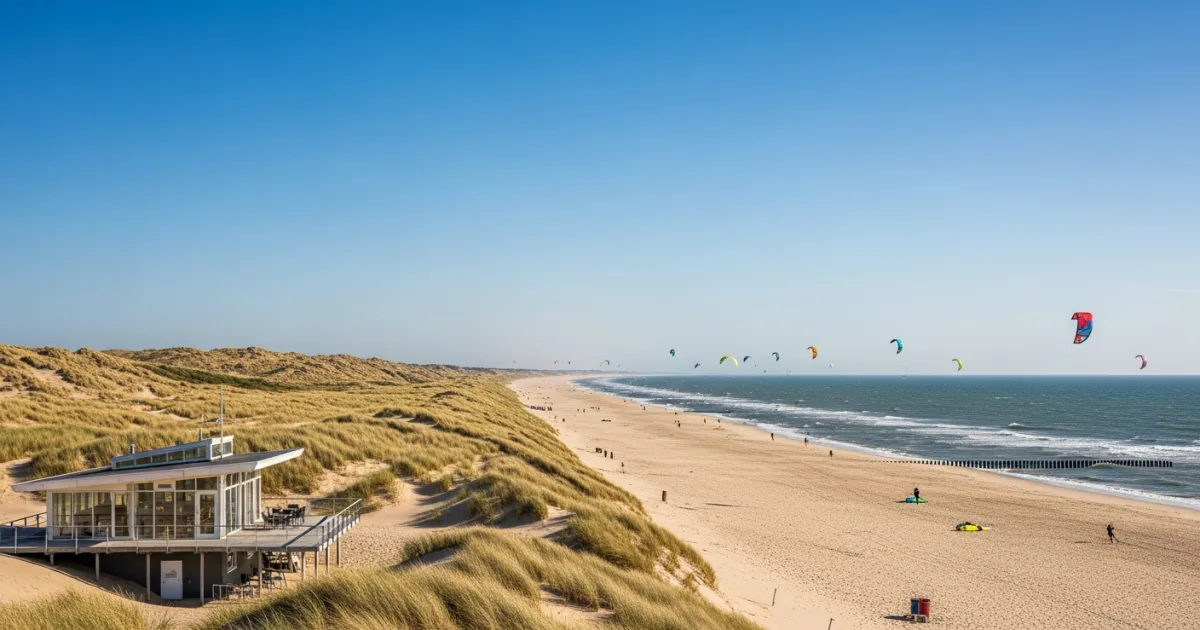 Wide sandy beach of Zandvoort with kite surfers in the North Sea and dunes in the background