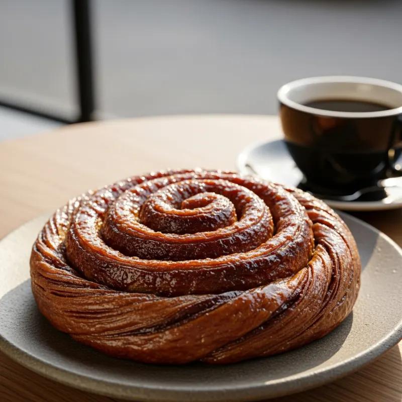 A sticky, dark brown Zeeuwse bolus pastry on a ceramic plate with coffee in the background