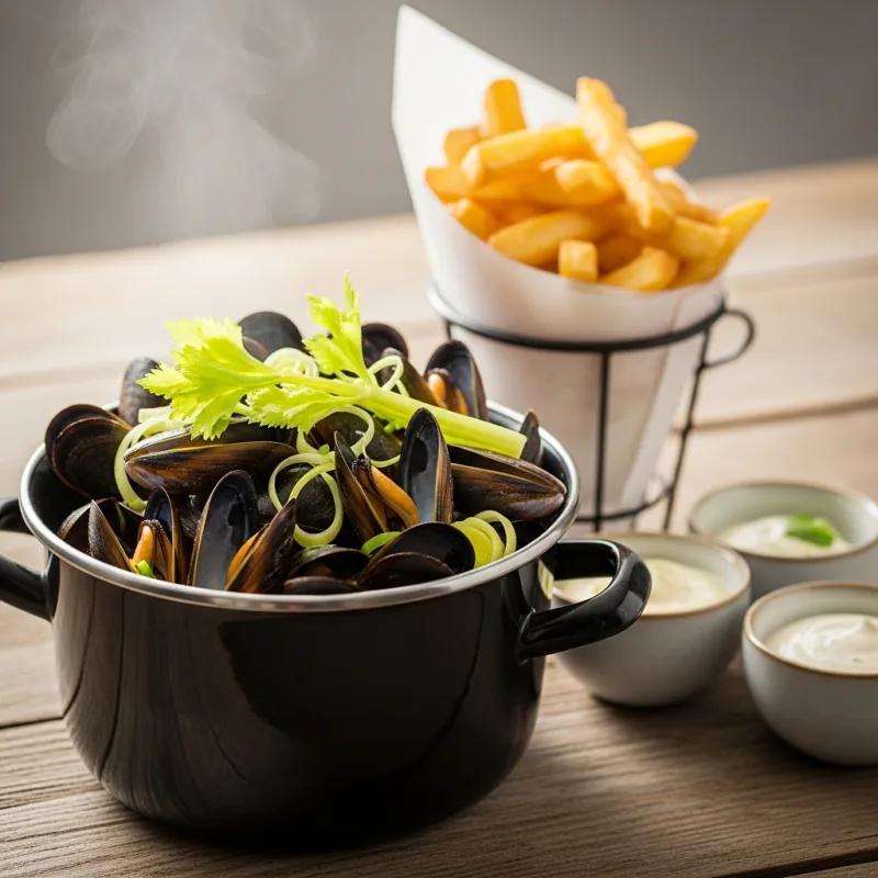 A traditional black pot of Zeeland mussels served with Dutch fries and dipping sauces