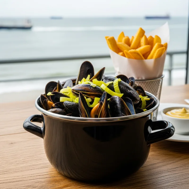 A traditional black pot of steaming Zeeland mussels served with fries and mustard sauce