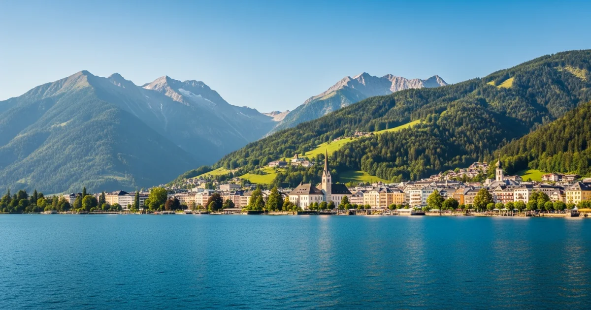 Panoramic view of Zell am See town, Lake Zell, and the surrounding Austrian Alps