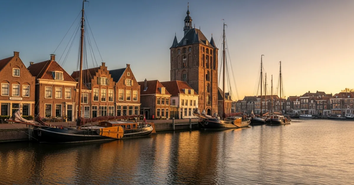 Historic harbor of Zierikzee with traditional sailing ships and the Sint-Lievensmonstertoren in the background.
