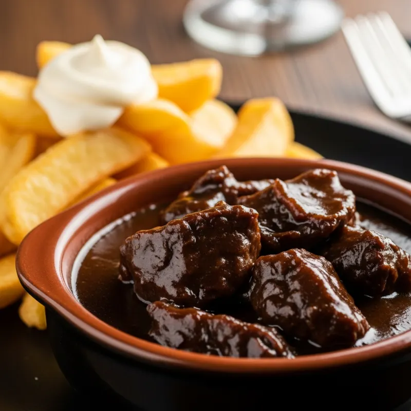 A bowl of traditional Limburgish Zoervleis stew served with thick-cut fries and mayonnaise