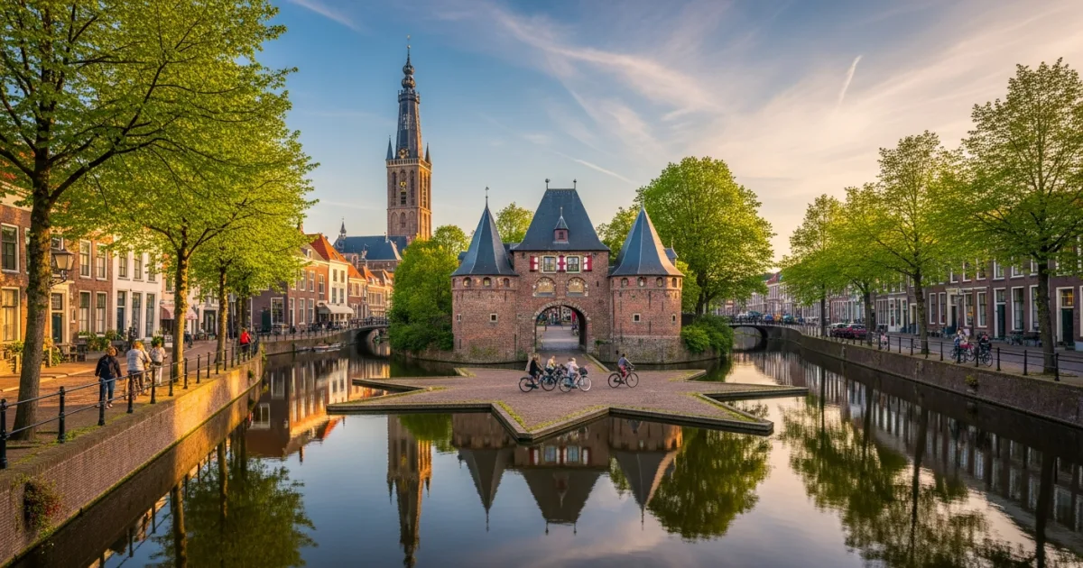 Panoramic view of Zwolle city center featuring the Sassenpoort and Peperbus tower