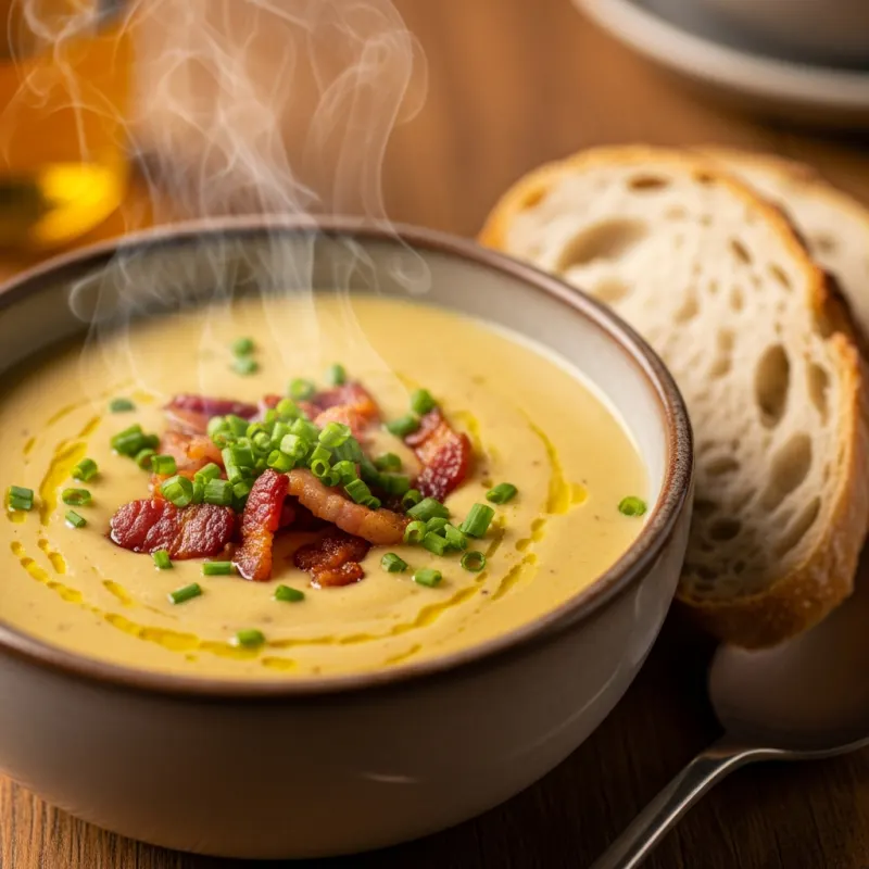 A bowl of traditional Zwolse Mosterdsoep garnished with bacon and chives