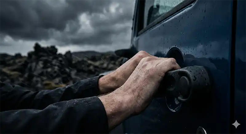 Close-up of a hand holding a car door handle against a stormy Icelandic landscape to prevent wind damage.
