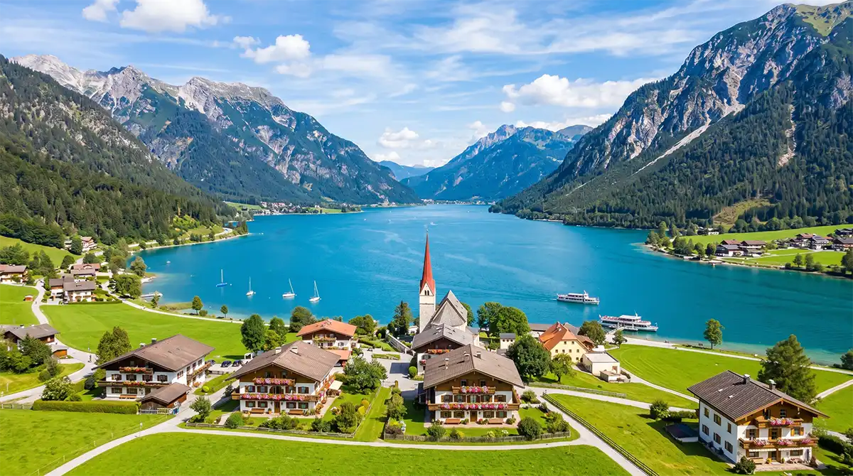 A panoramic aerial view of Eben am Achensee in Tyrol, Austria, featuring a turquoise alpine lake, a traditional village, and steep green mountains under a blue sky.