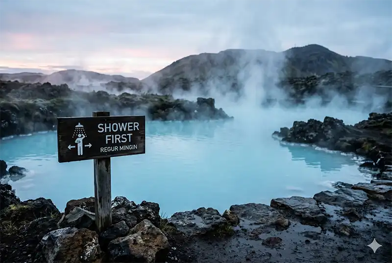 The "Naked Truth" of Geothermal Bathing 1 Steaming geothermal pool in Iceland with a clear hygiene sign in the foreground, shot in cinematic morning light.