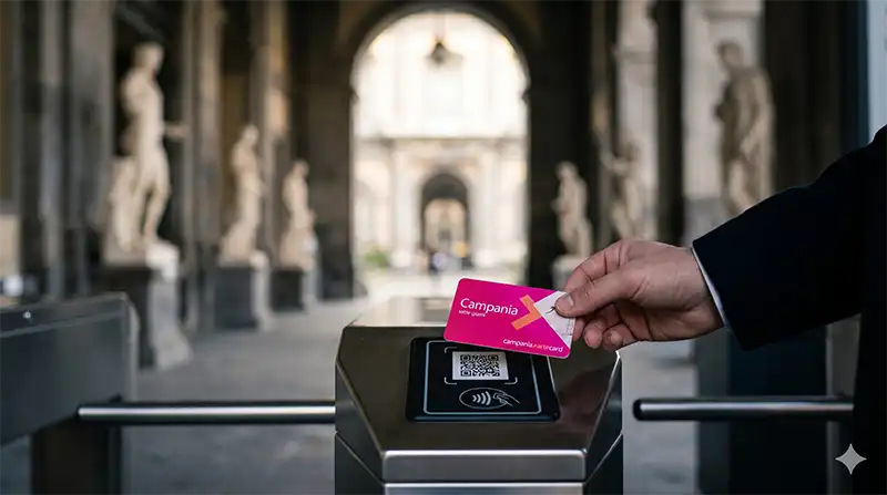 Unlock Big Savings with the Campania Artecard 6 Close-up of a hand presenting a physical Campania Artecard to a scanner at a historical museum entrance, blurred ancient statues in the background.