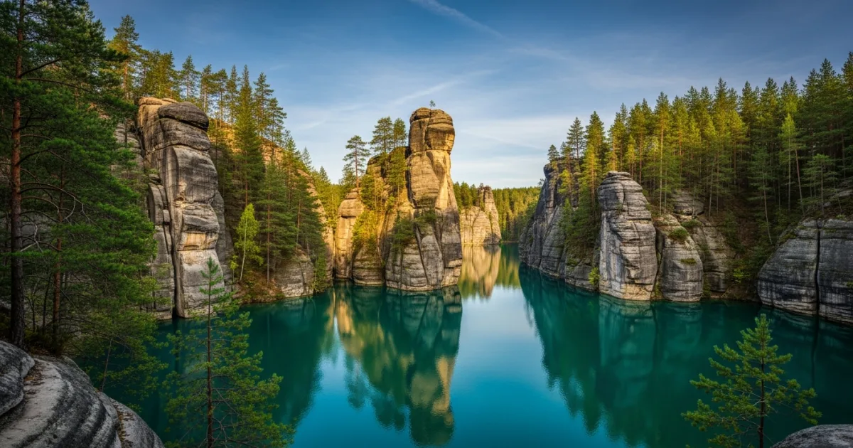 Towering sandstone rock formations and a turquoise lake in Adrspach, Czech Republic