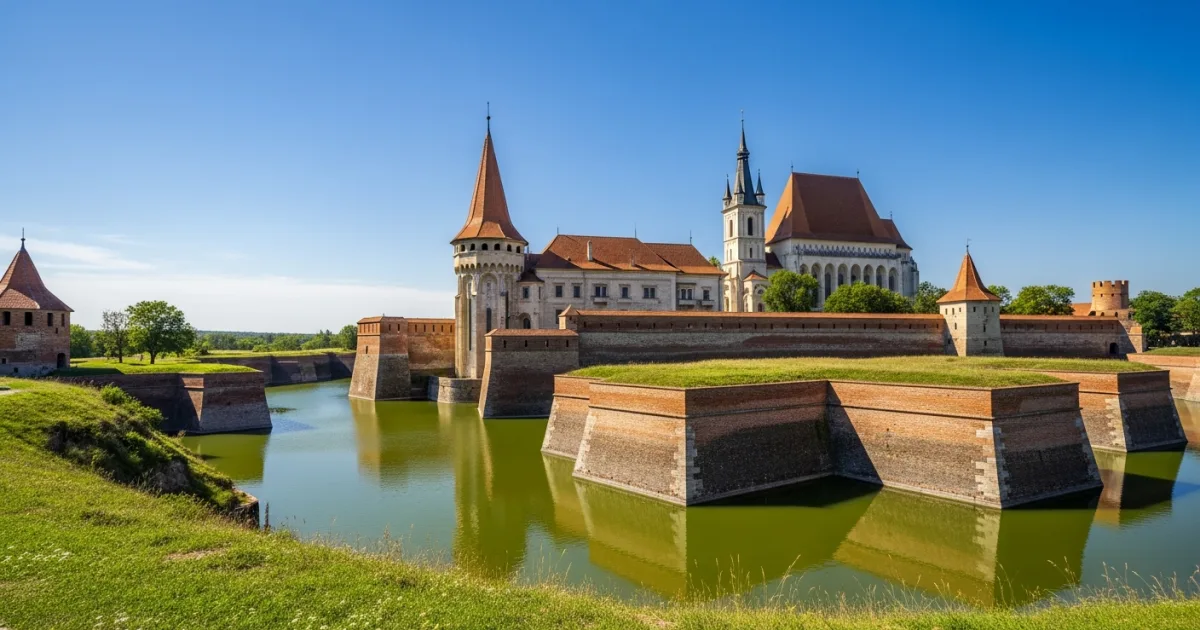 Aerial view of the star-shaped Alba Carolina Citadel in Alba Iulia, Romania