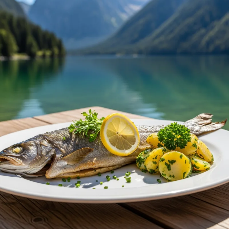 Roasted Ausseerland Saibling with potatoes and herbs