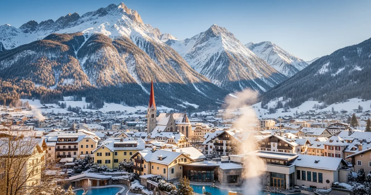 Panoramic winter view of Bad Hofgastein town and the surrounding snow-capped Austrian Alps