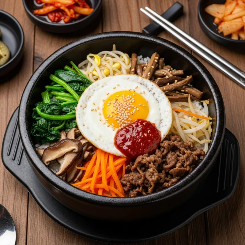 A traditional Korean Bibimbap served in a hot stone bowl with colorful vegetables, beef, and an egg.