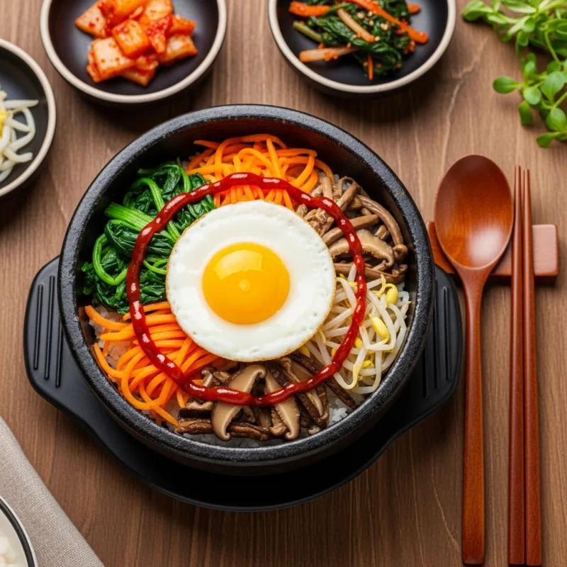 Authentic Korean Bibimbap in a stone bowl with colorful vegetables and a fried egg