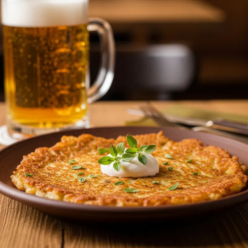 Crispy Czech Bramborák potato pancake on a rustic plate
