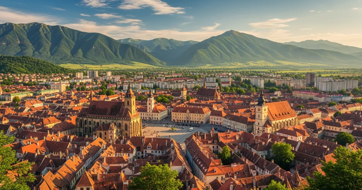 Panoramic view of Brasov Old Town and the Black Church from Mount Tampa