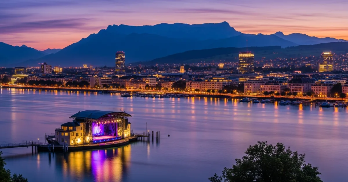 Panoramic view of Bregenz and the floating stage on Lake Constance at twilight