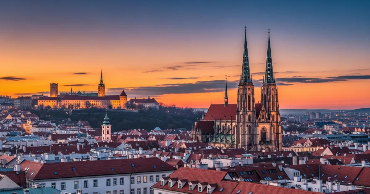Panoramic view of Brno skyline at sunset featuring the Cathedral of St. Peter and Paul