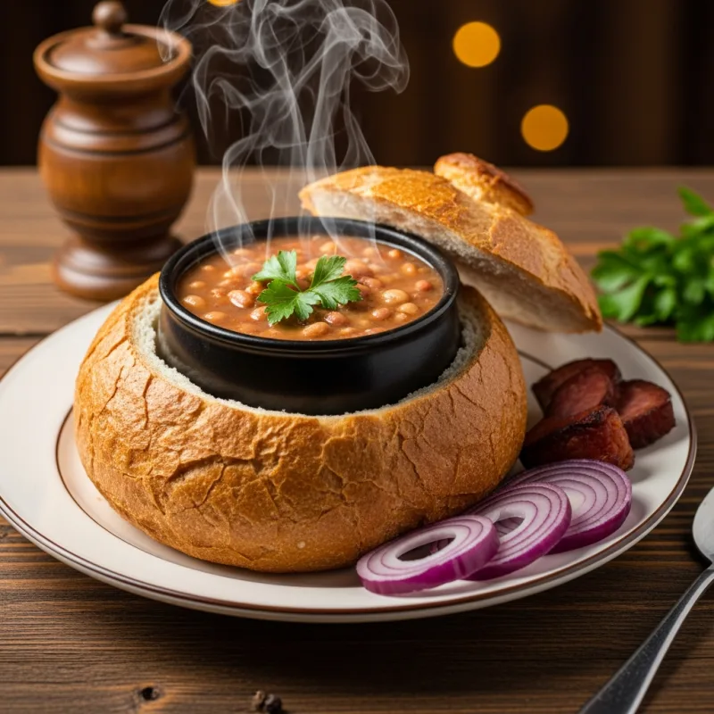 Ciorbă de fasole în pită served in a bread bowl