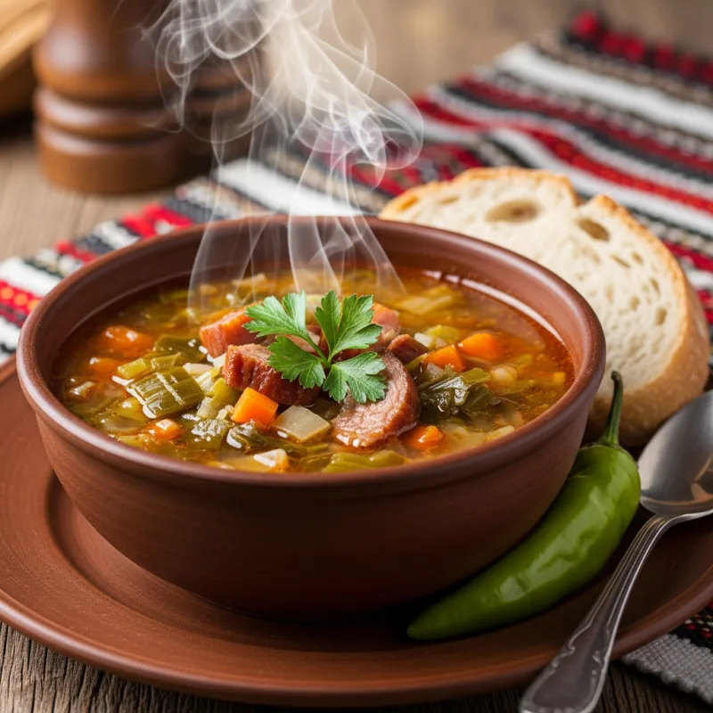 A bowl of traditional Oltenian Leek Soup (Ciorbă de praz)