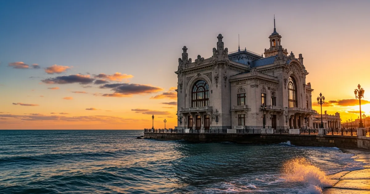 Constanța Casino on the Black Sea coast at sunset