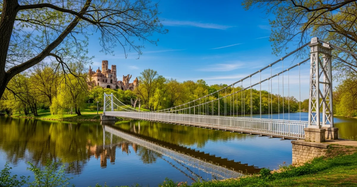 The suspension bridge and lake in Nicolae Romanescu Park, Craiova
