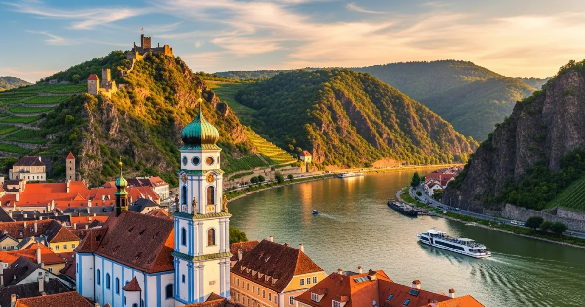 Panoramic view of Dürnstein with the blue Abbey tower and Danube River