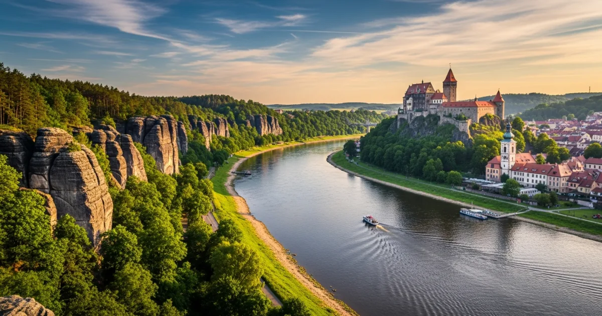 Panoramic view of Decin Castle and the Elbe River in the Czech Republic