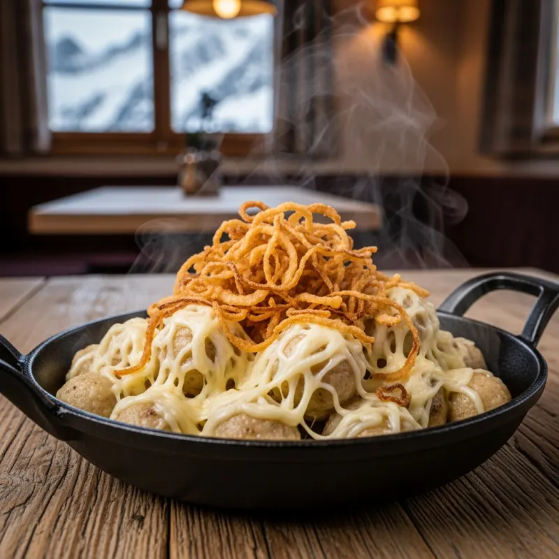 A cast-iron pan of Ennstaler Kasnockn topped with crispy onions in an alpine hut